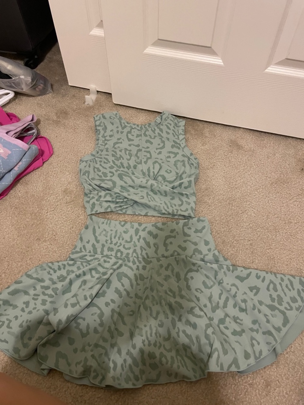 Two-Piece Mint Green Leopard Print Skirt Set